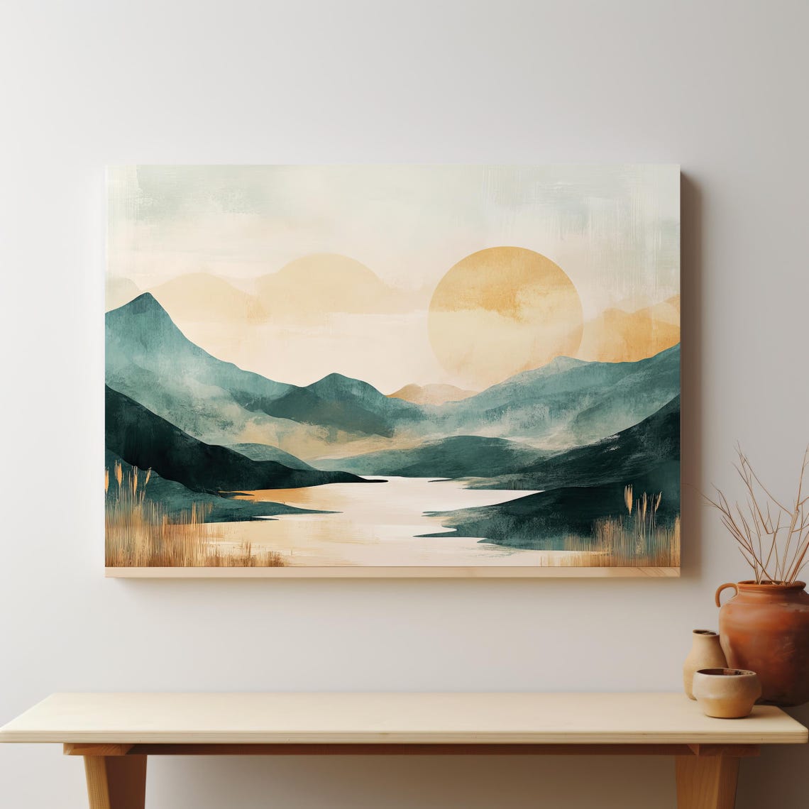 Abstract Mountain Landscape Print Pastel Tones With River And Sun Modern Minimalist Nature Wall Art For Tranquil Decor