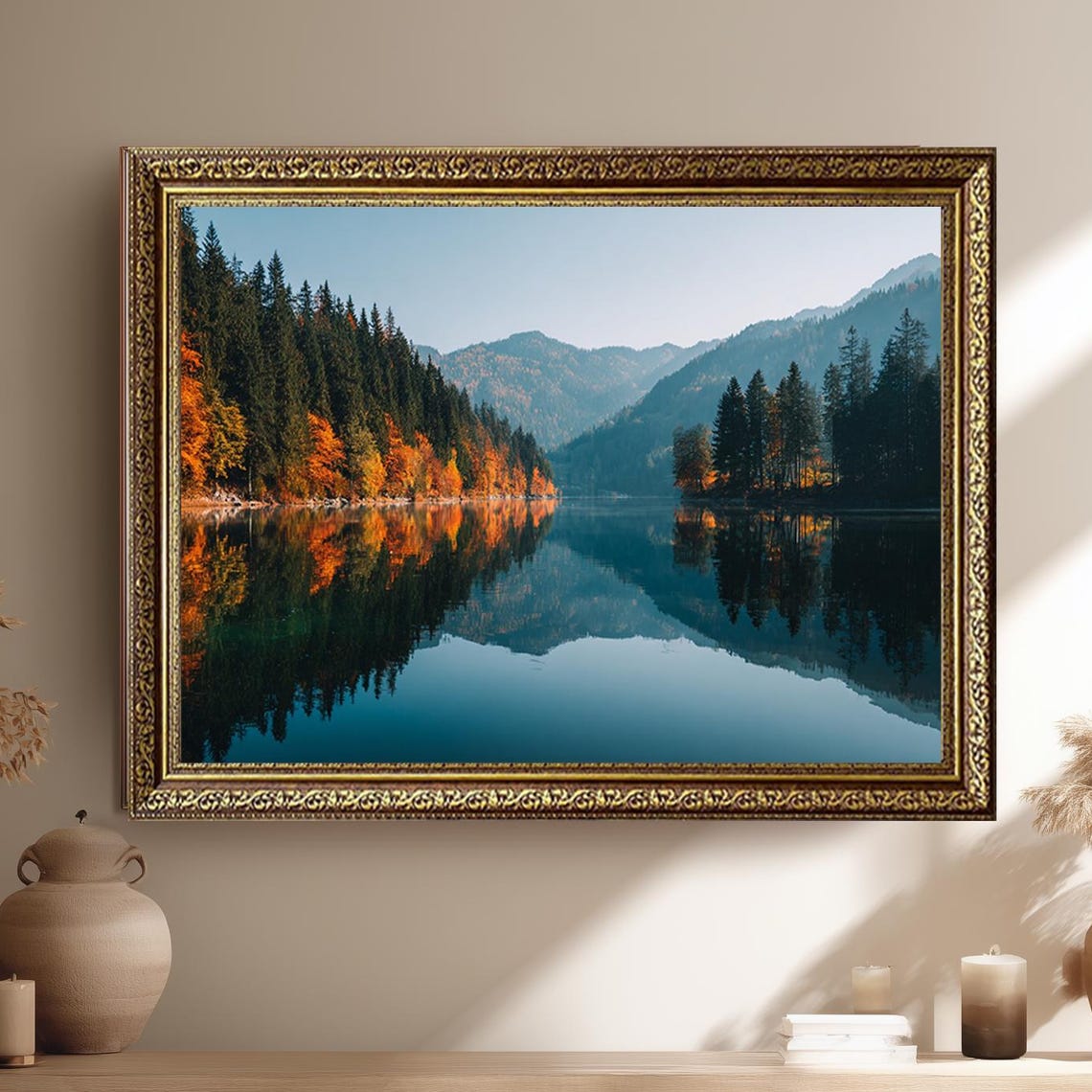 Autumn Forest Lake Mirror Reflection with Mountains Wall Art