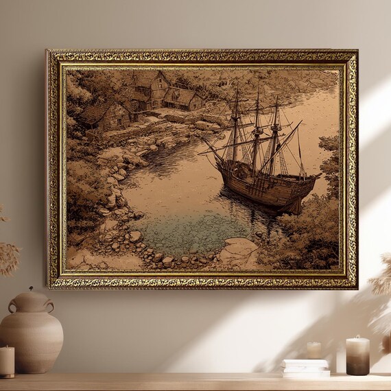 Vintage Sepia Tall Ship Anchored at Rustic Cove Village Poster