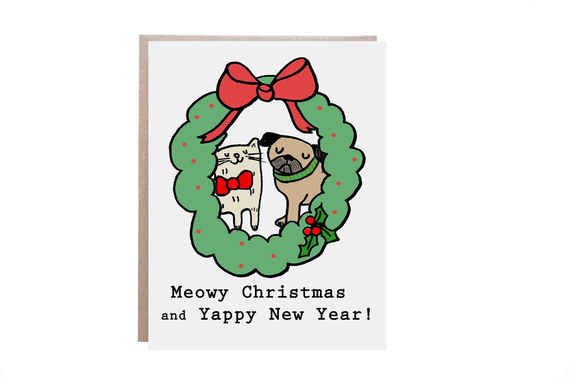 Cat And Dog Christmas Card, Pug Holiday Greeting