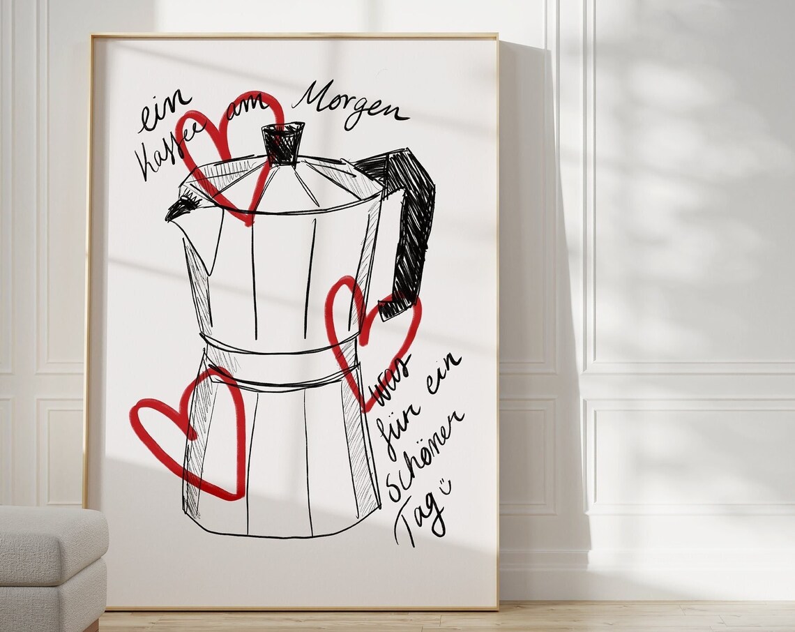 Cute German Moka Pot Coffee Art Red Hearts Kitchen Decor Print