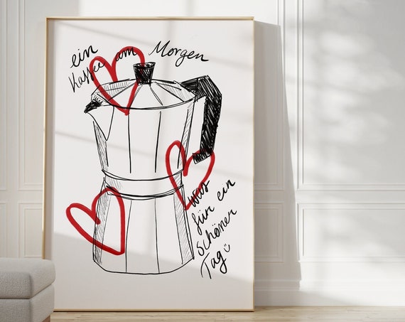 Coffee Print German Poster Positive Quote Fun Kitchen Modern Boho Scandi Style Hand Drawn Simple