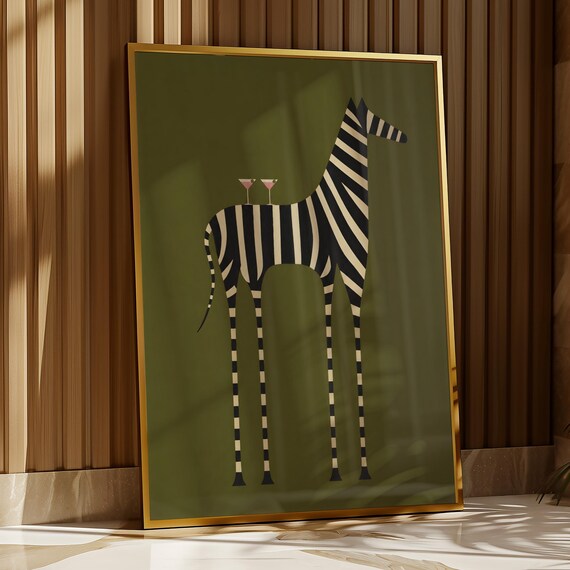 Minimalist Zebra Wall Art Whimsical Martini Glasses Poster Abstract Dopamine Decor Digital Download