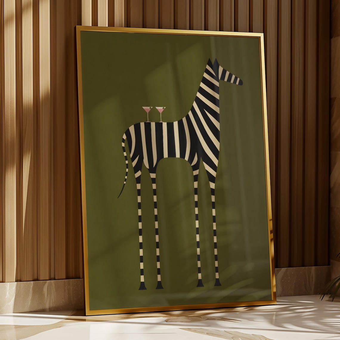 Abstract Zebra with Two Martini Glasses Green Whimsical Poster