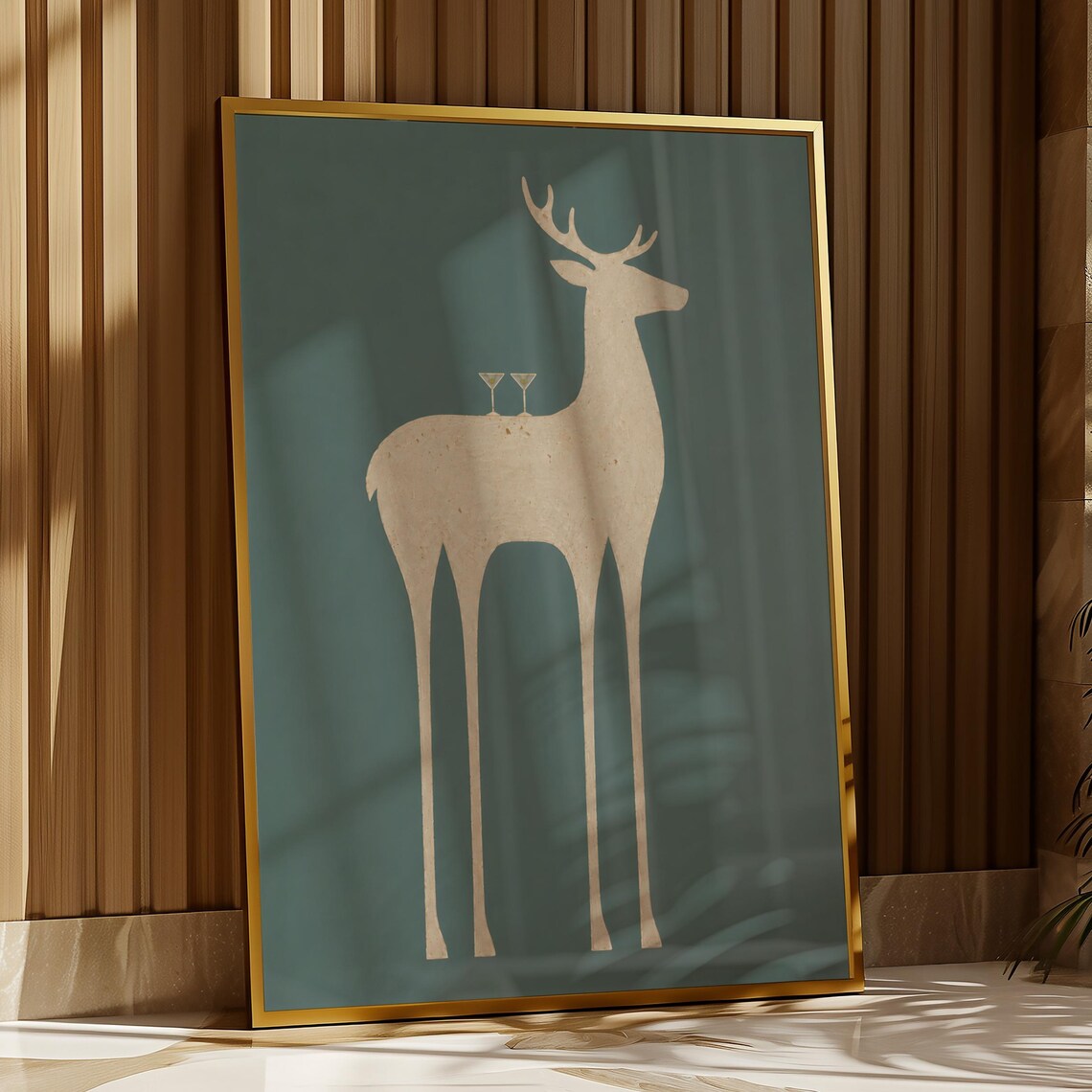Beige Reindeer With Martini Glasses On Dark Green Holiday Poster