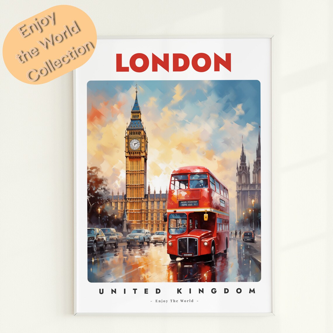 London United Kingdom Big Ben Red Bus Rainy Street Vintage Travel Poster