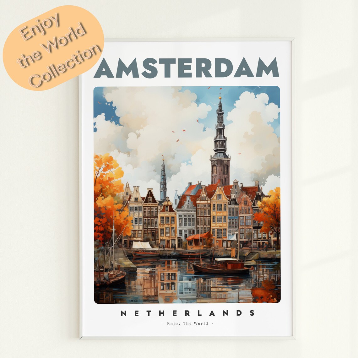 Amsterdam Netherlands Autumn Canal Houses Vintage Travel Poster