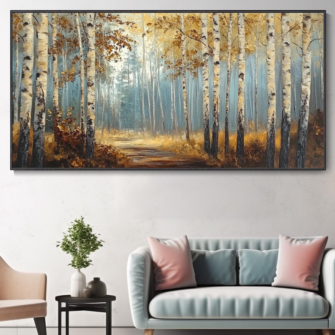 Golden Birch Forest Autumn Path Misty Woodland Landscape Wall Art - Image 4