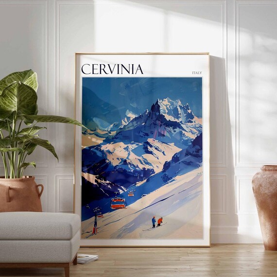 Cervinia Italy Red Gondolas Rocky Peaks Retro Vintage Ski Poster
