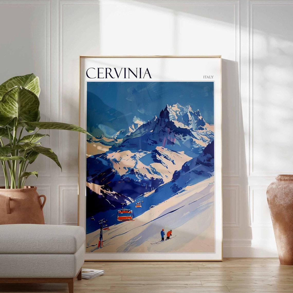Cervinia Italy Red Gondolas Rocky Peaks Retro Vintage Ski Poster