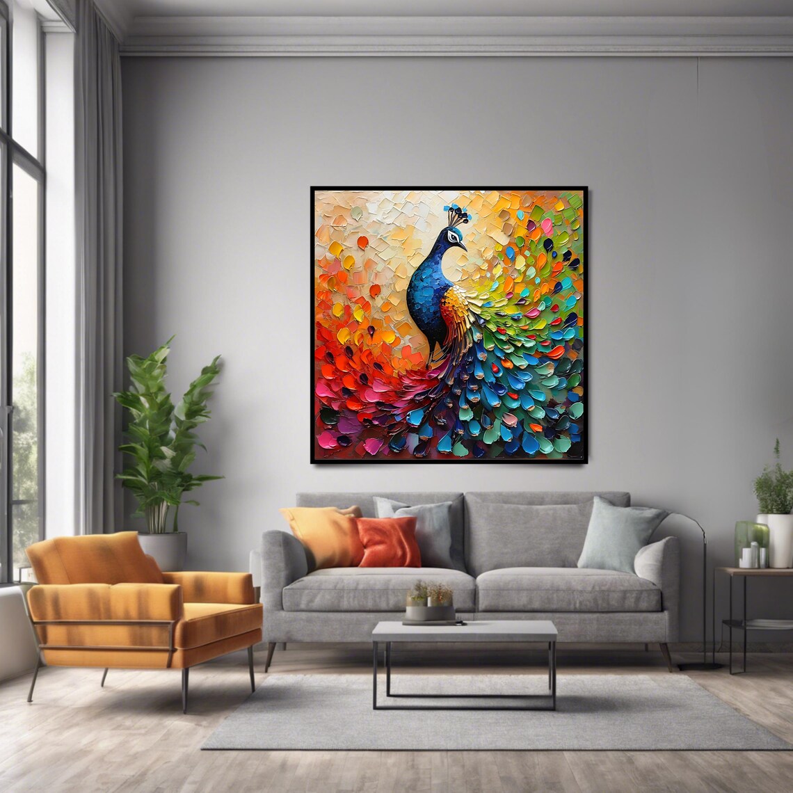 Peacock Wall Art Print, Vibrant Bird Square Poster - Image 2