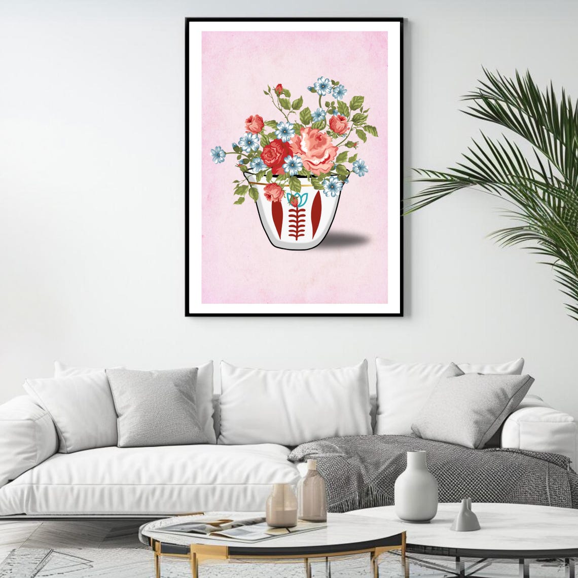 Floral Lebanese Coffee Cup Roses Blue Blossoms Pink Wall Art Poster - Image 4