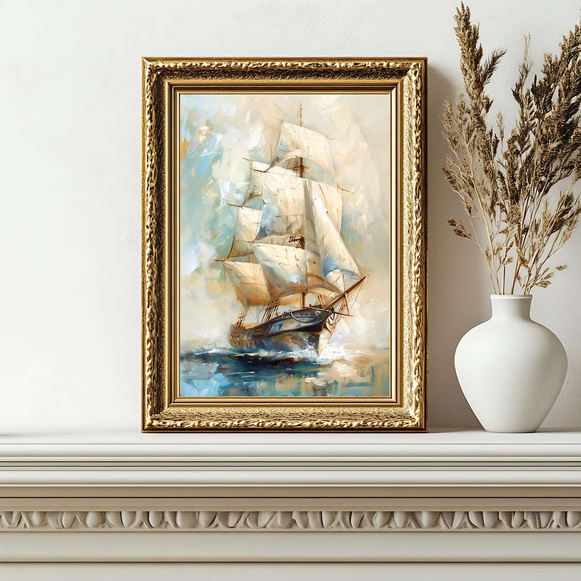 Vintage Sailing Ship Art Print Neutral Nautical Wall Decor Rustic Coastal Home Art Vintage Painting - Image 2
