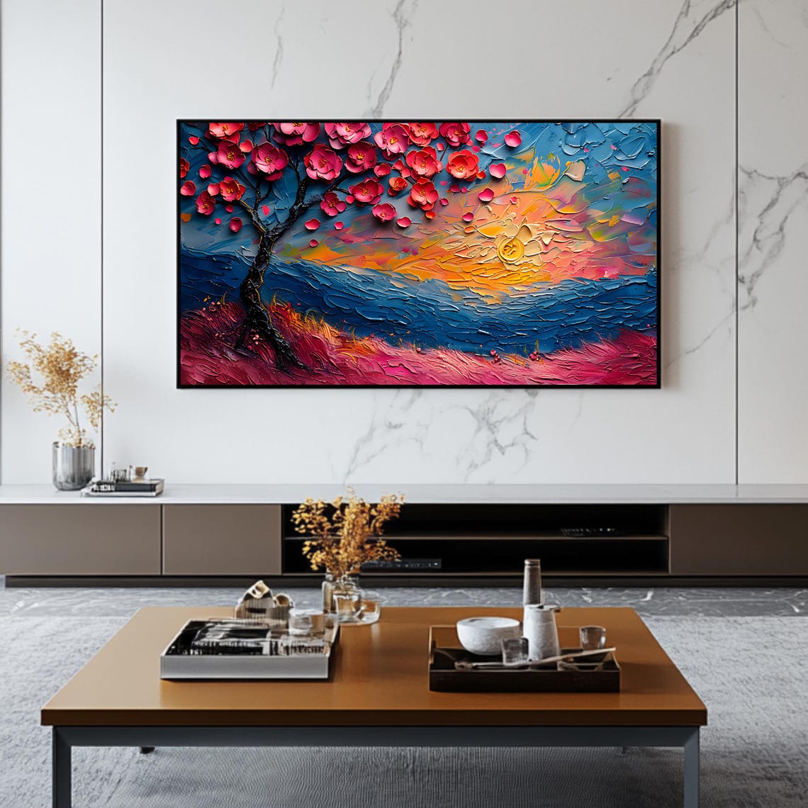 Cherry Blossom Tree Sunset Ocean Waves Textured 3D Floral Art Poster - Image 2