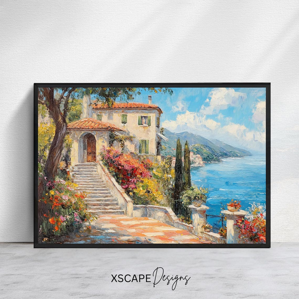 Mediterranean Coastal Villa Steps Sea View Colorful Garden Poster