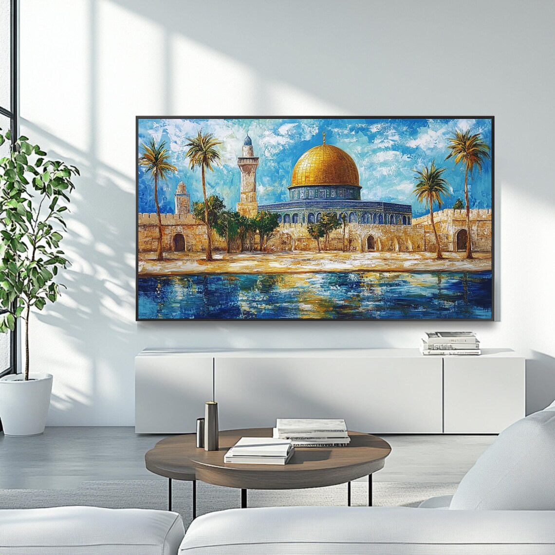 Dome Of The Rock Palm Trees Water Reflection Colorful Painting Poster - Image 4