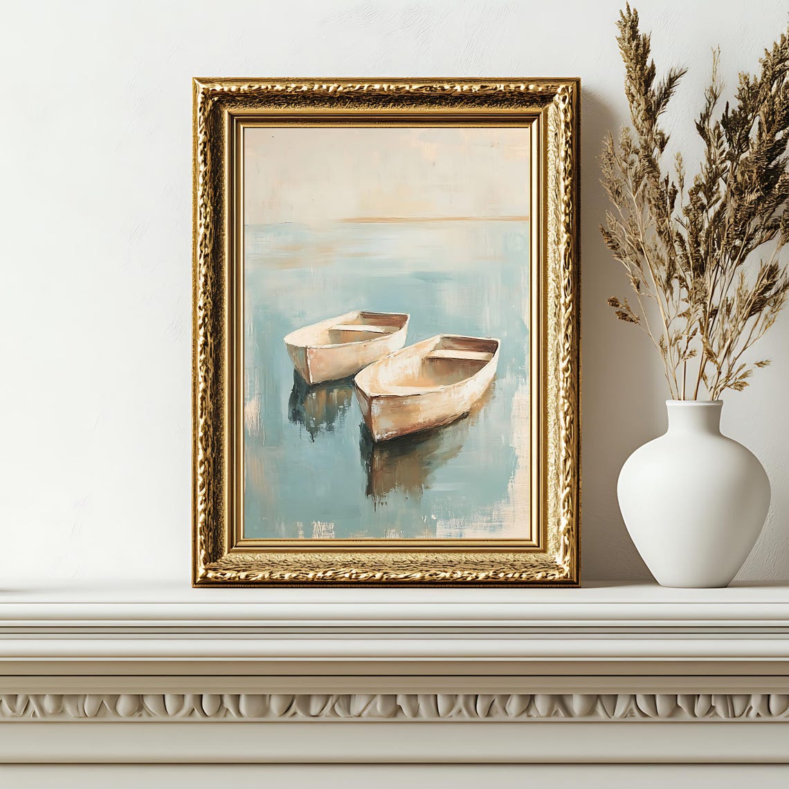 Two White Rowboats Floating on Calm Pale Blue Water Nautical Poster - Image 2