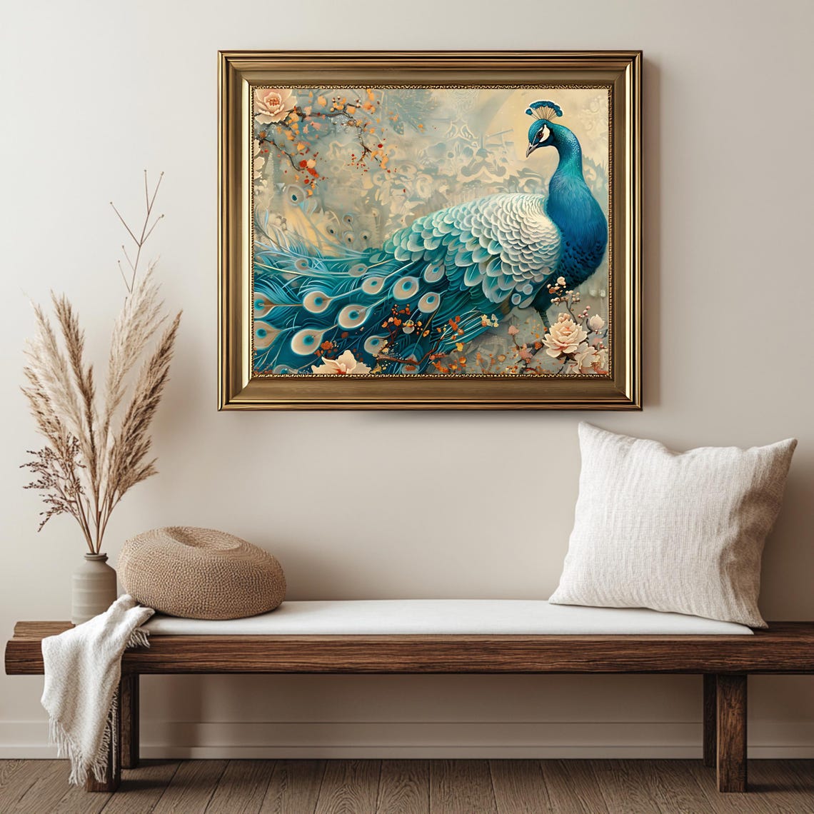 Elegant Blue Peacock Blossoms Graceful Bird Floral Illustration Poster - Image 2