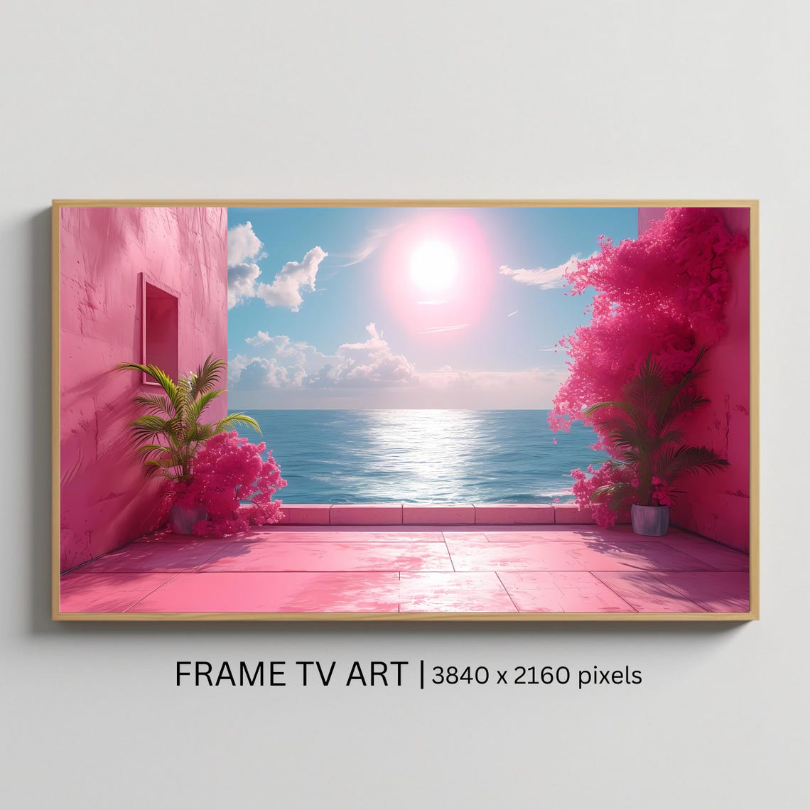 Pink Coastal Terrace Ocean View Dreamy Sunset Seascape TV Art Poster