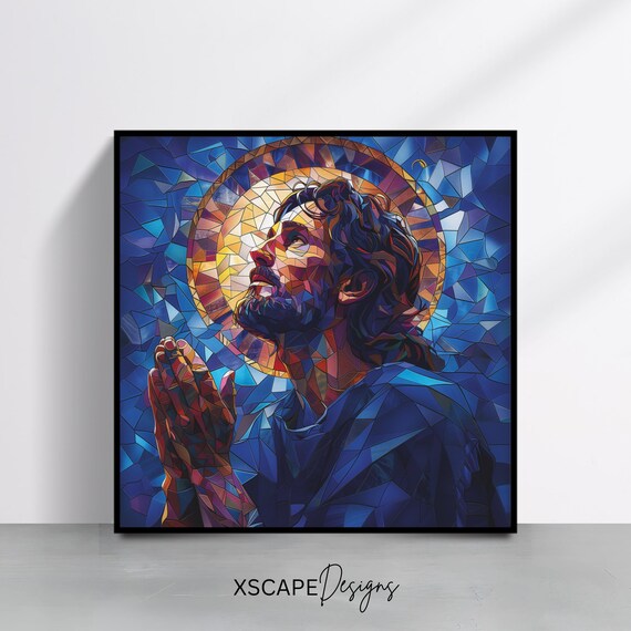 Jesus Christ Praying Stained Glass Mosaic Style Blue Religious Art Poster