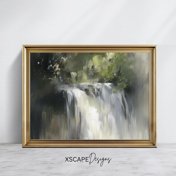 Neutral Waterfall Landscape Art Print Rustic Nature Wall Decor Horizontal Vintage Painting Serene Forest