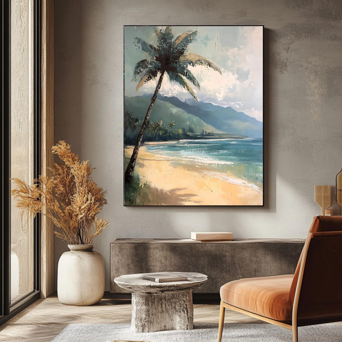 Vintage Palm Tree Tropical Beach Mountain Coastline View Poster - Image 3