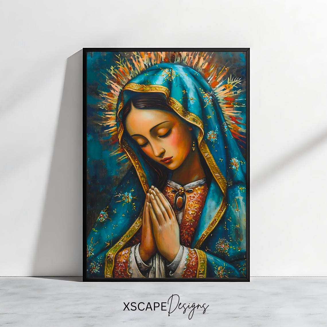 Our Lady of Guadalupe Praying Virgin Mary Teal Mantle Art Poster