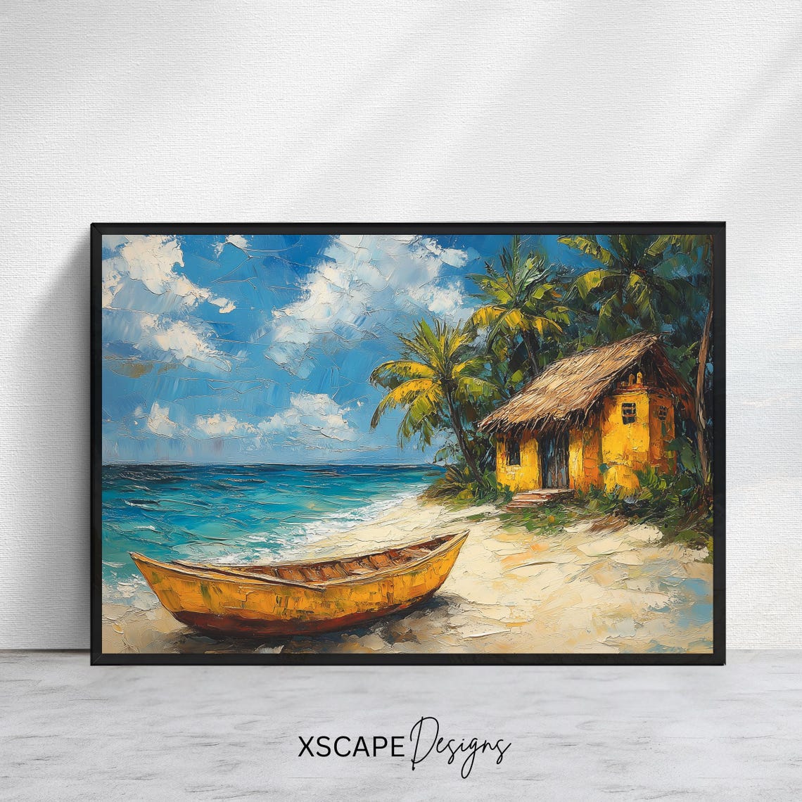 Tropical Beach Canoe Thatch Hut Palms Caribbean Island Scene Poster