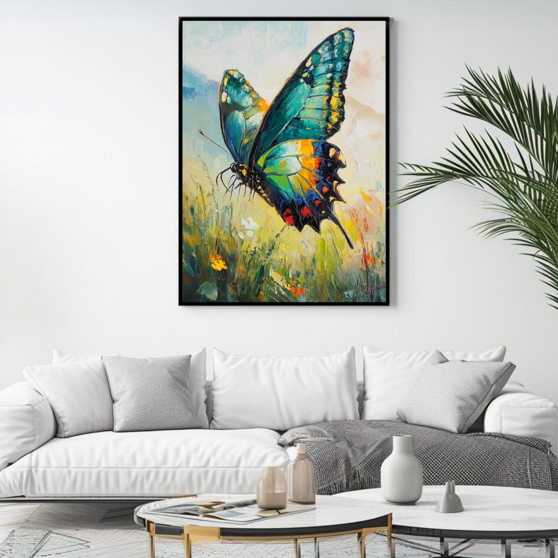Vibrant Swallowtail Butterfly Teal Gold Wings Meadow Flowers Wall Art - Image 4