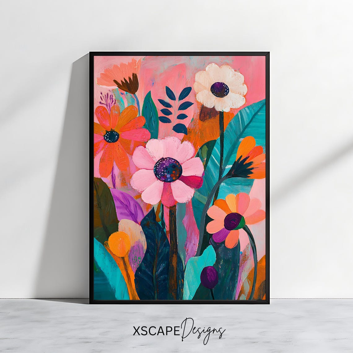Modern Pink Coral Blossom Floral Art With Teal Leaves Wall Poster