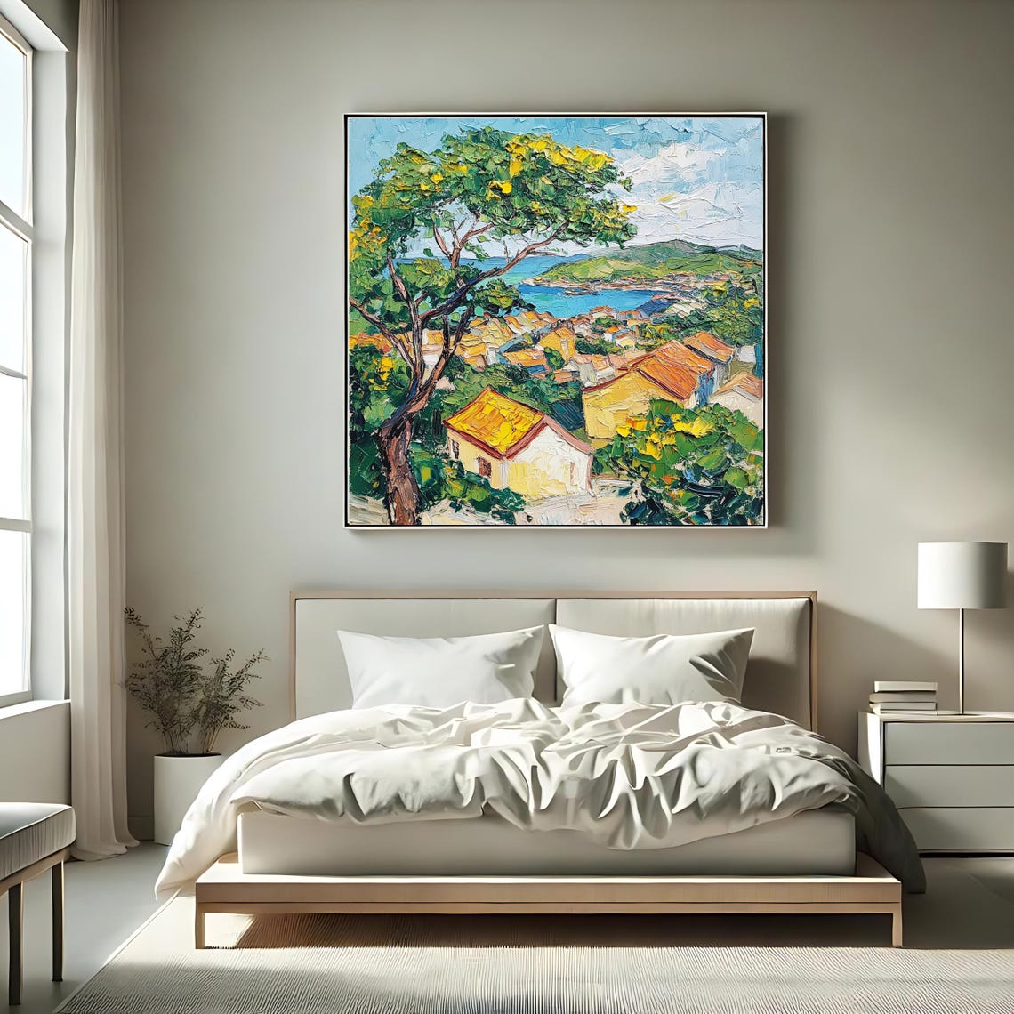 Mediterranean Village Overlook Terracotta Roofs Bay Impasto Art Poster - Image 2