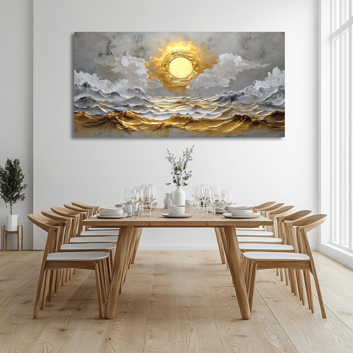 Golden Sun Abstract Ocean Waves Gray Sky Panoramic Seascape Poster - Image 3