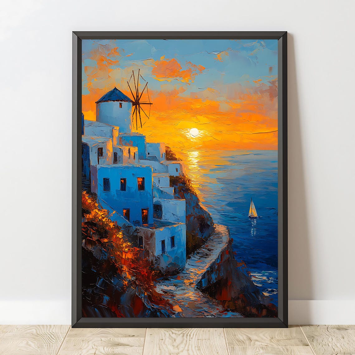 Santorini Windmill Sunset Cliff White Buildings Greek Island Poster - Image 2