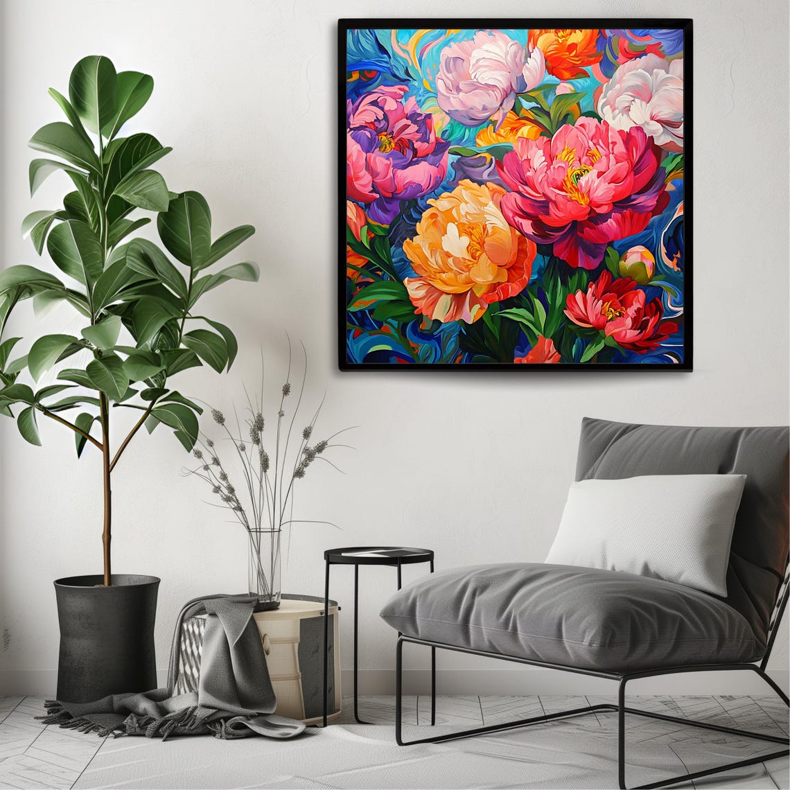 Vibrant Peony Blossoms Colorful Swirl Botanical Floral Painting Print - Image 3