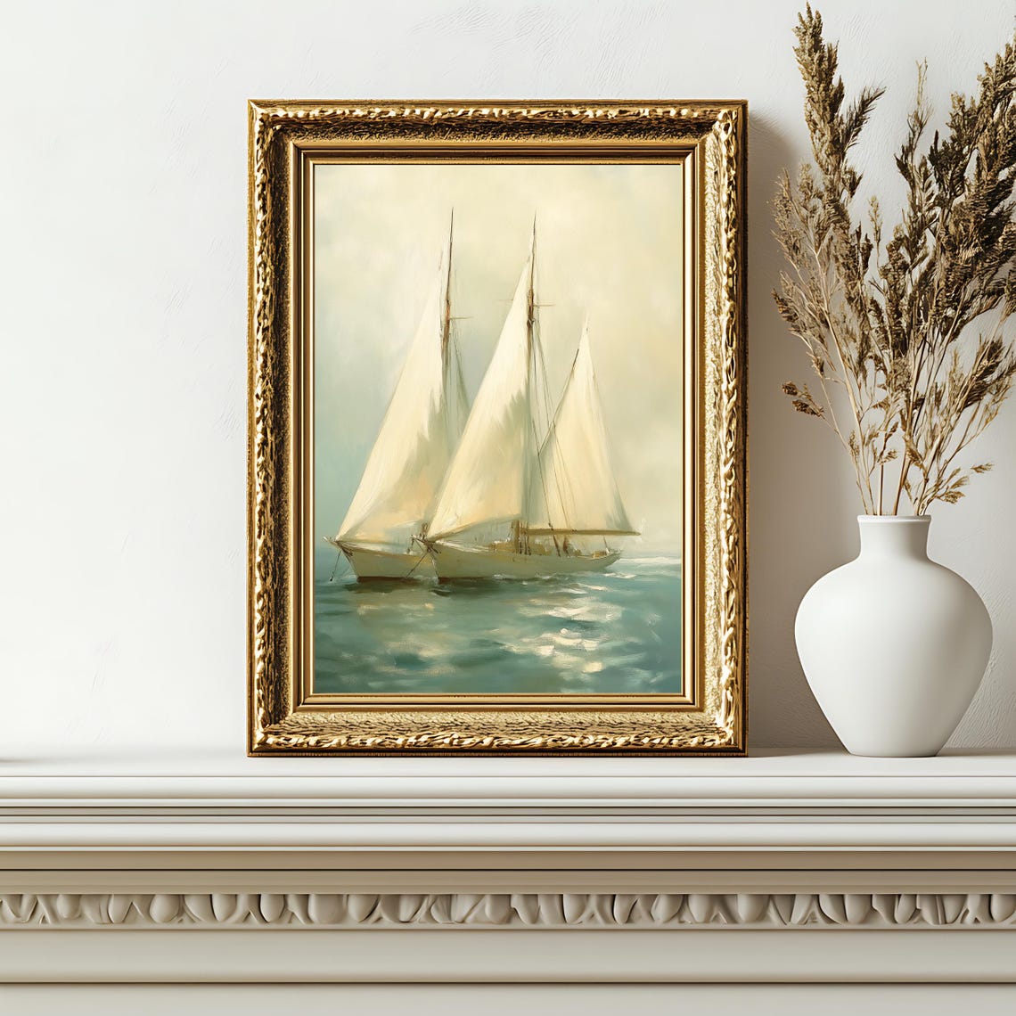 Vintage Sailing Ship with White Sails on a Calm Misty Sea Poster - Image 2
