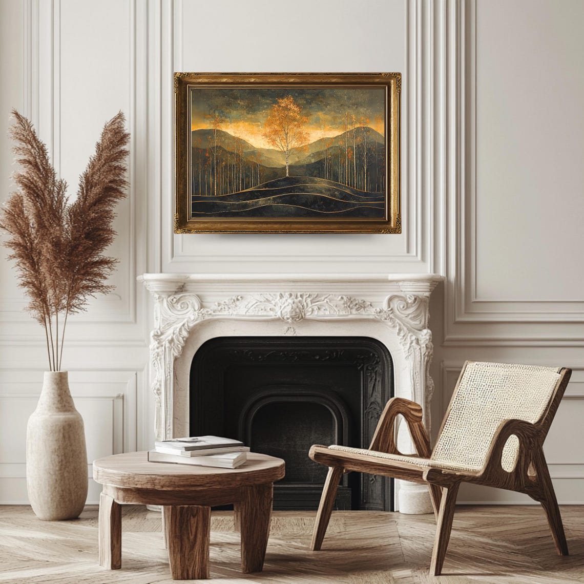 Golden Autumn Birch Trees Starry Dusk Mountain Landscape Art Poster - Image 3