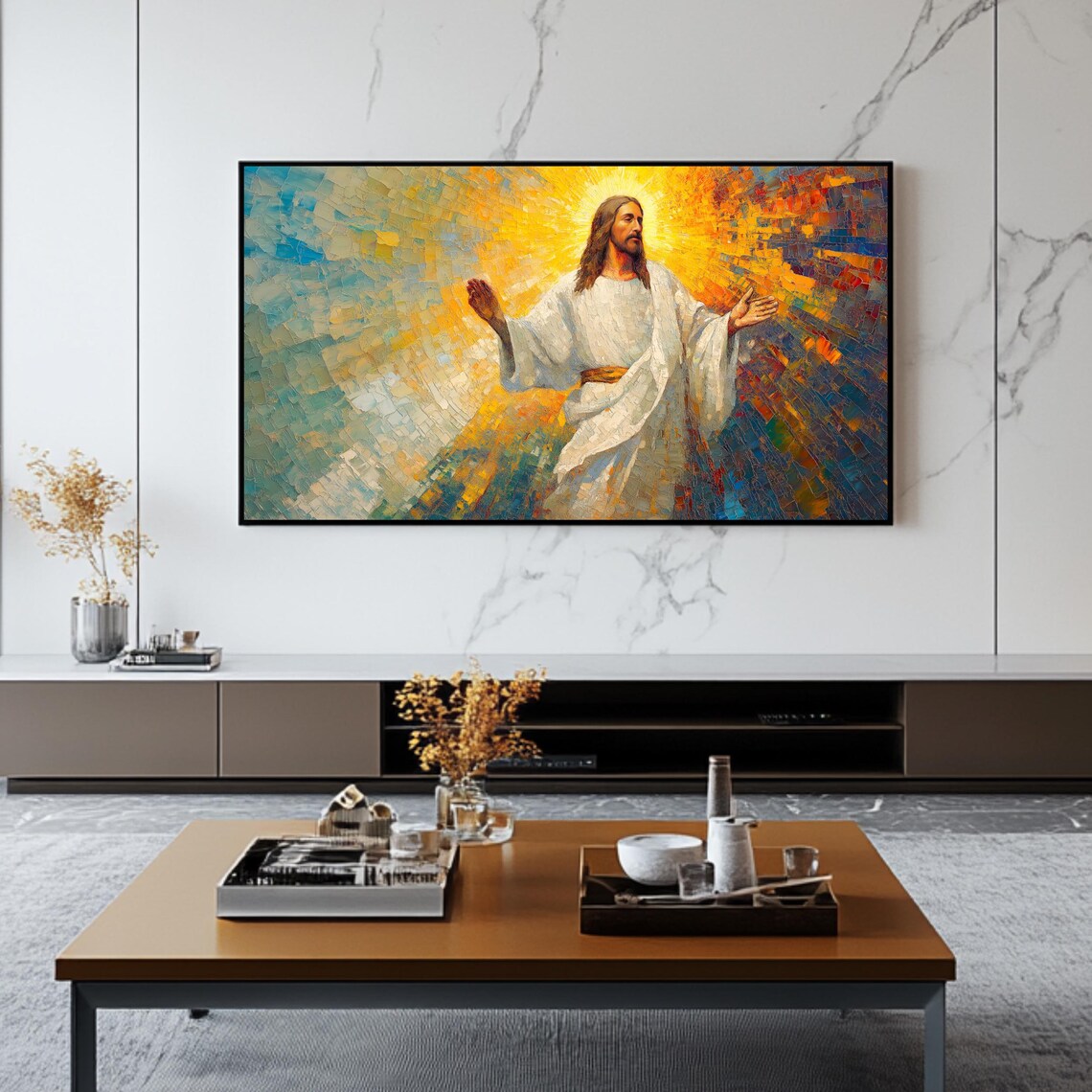 Jesus Christ Open Arms Golden Halo Mosaic Faith Inspirational Art Poster - Image 2