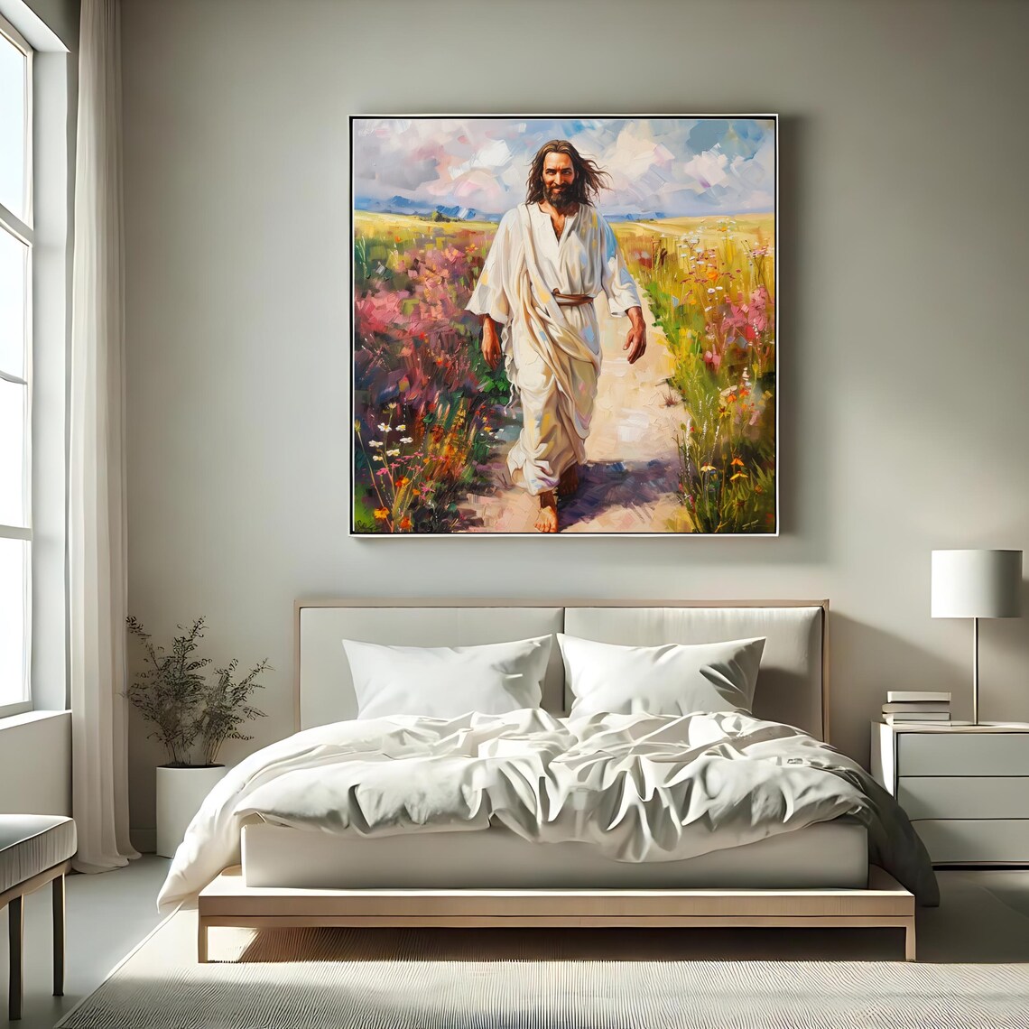 Jesus Walking Through Blooming Flower Field White Robe Faith Painting Poster - Image 2