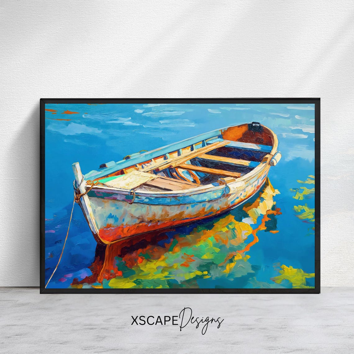 Colorful Rowboat on Blue Water Vibrant Nautical Reflection Boat Poster