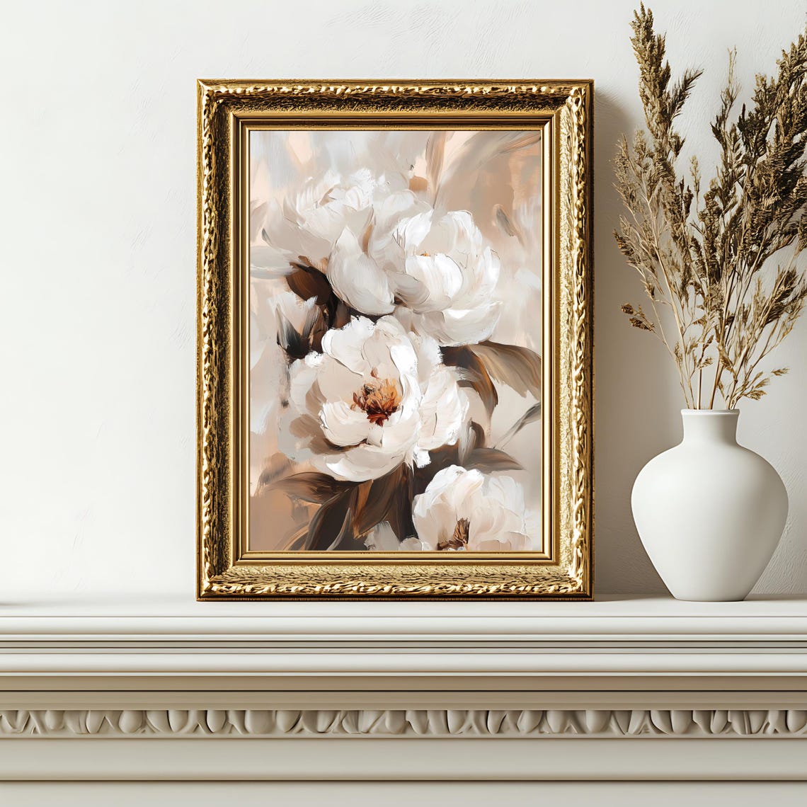 White Peony Abstract Soft Beige Elegant Vertical Floral Wall Art - Image 2