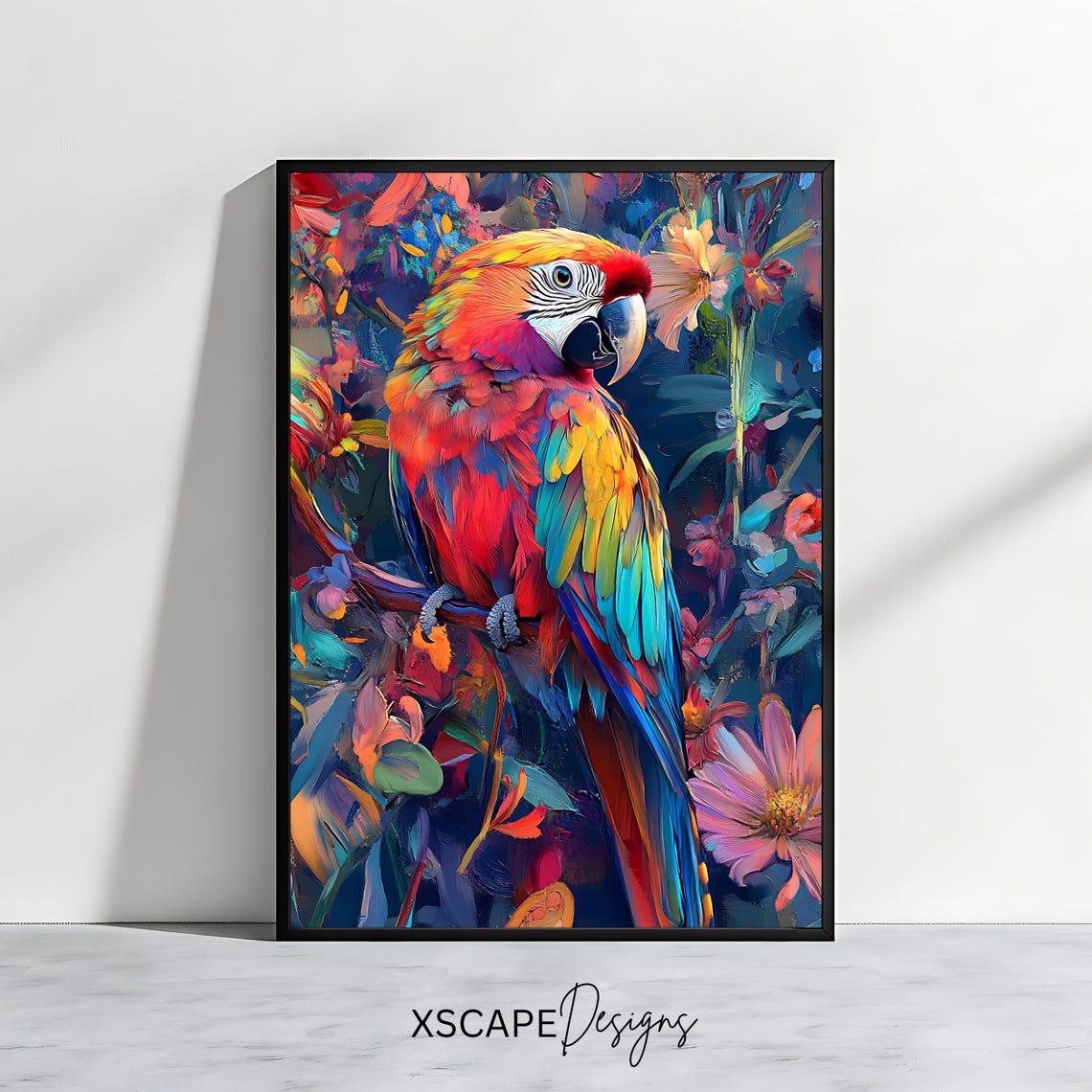 Scarlet Macaw Parrot Colorful Tropical Flowers Exotic Bird Art Print