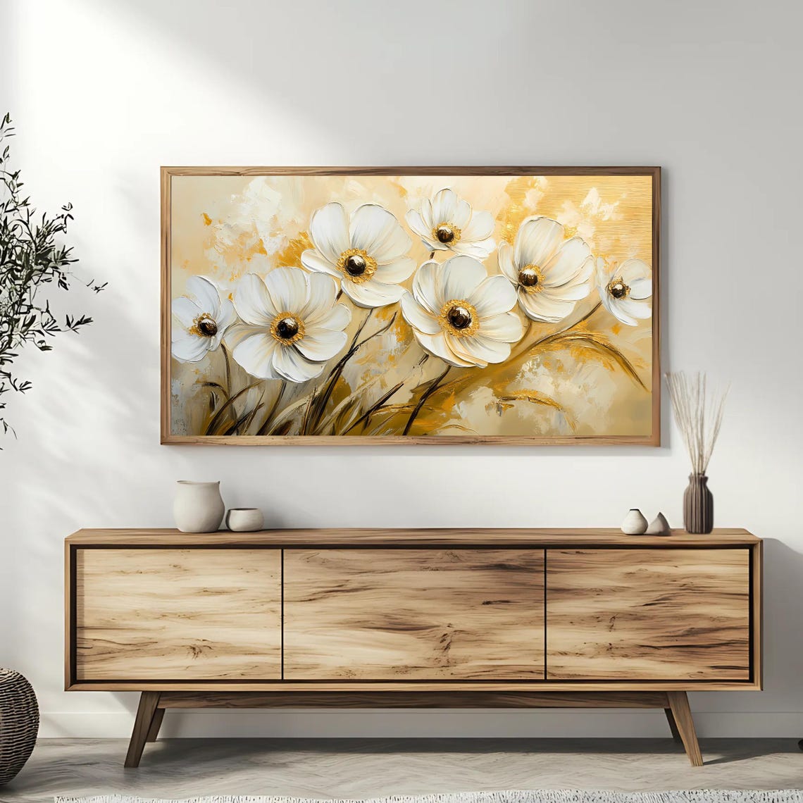 White Anemone Flowers Golden Impasto Botanical Floral Painting Poster - Image 3