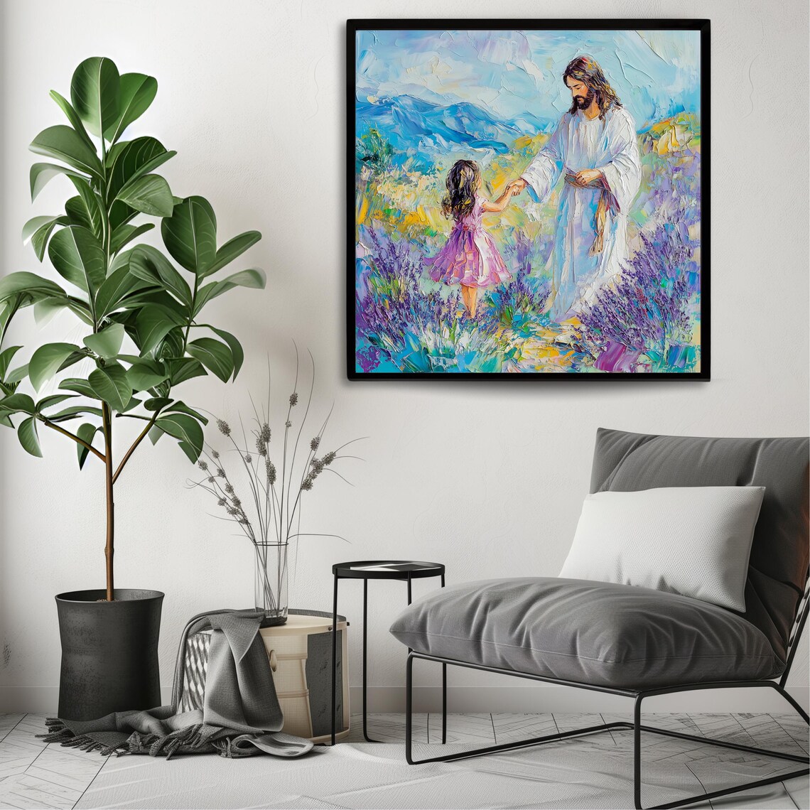 Jesus Christ Holding Child Hand Walking Lavender Field Faith Art Poster - Image 3