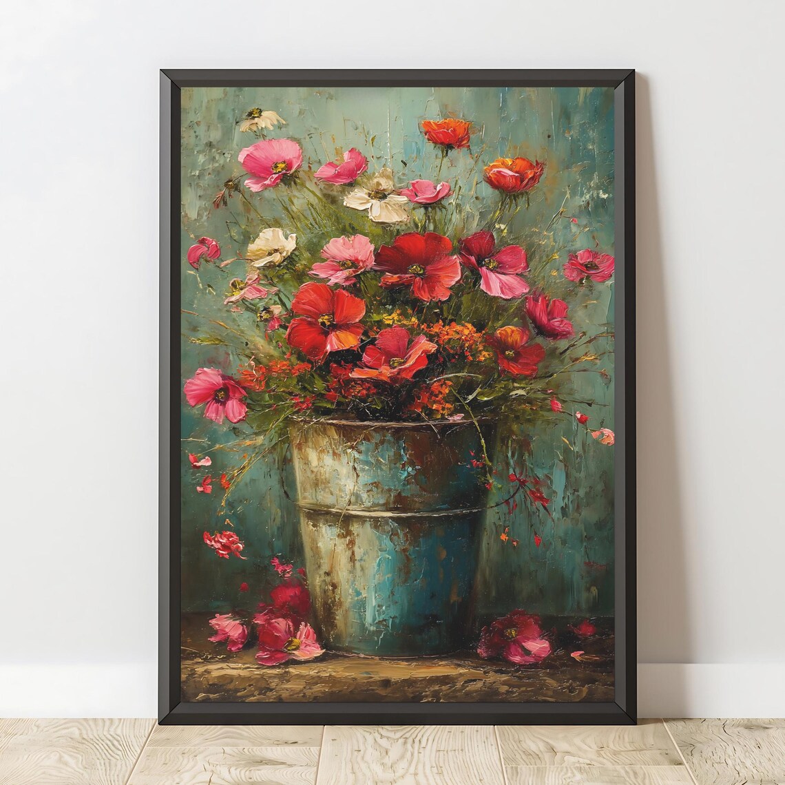Rustic Metal Bucket Red Poppies Wildflowers Teal Vintage Floral Poster - Image 2
