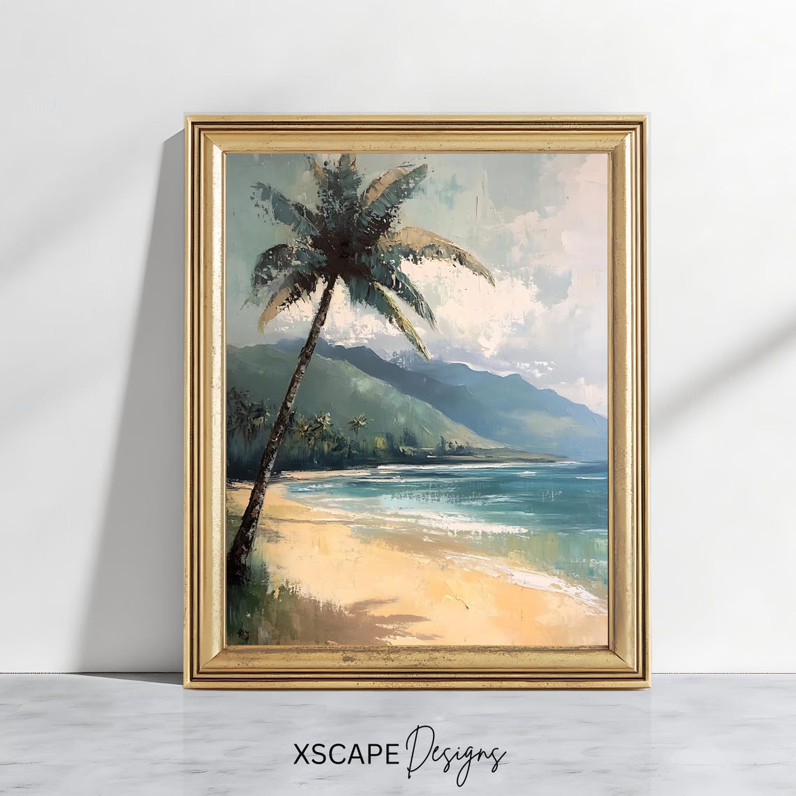 Vintage Palm Tree Tropical Beach Mountain Coastline View Poster