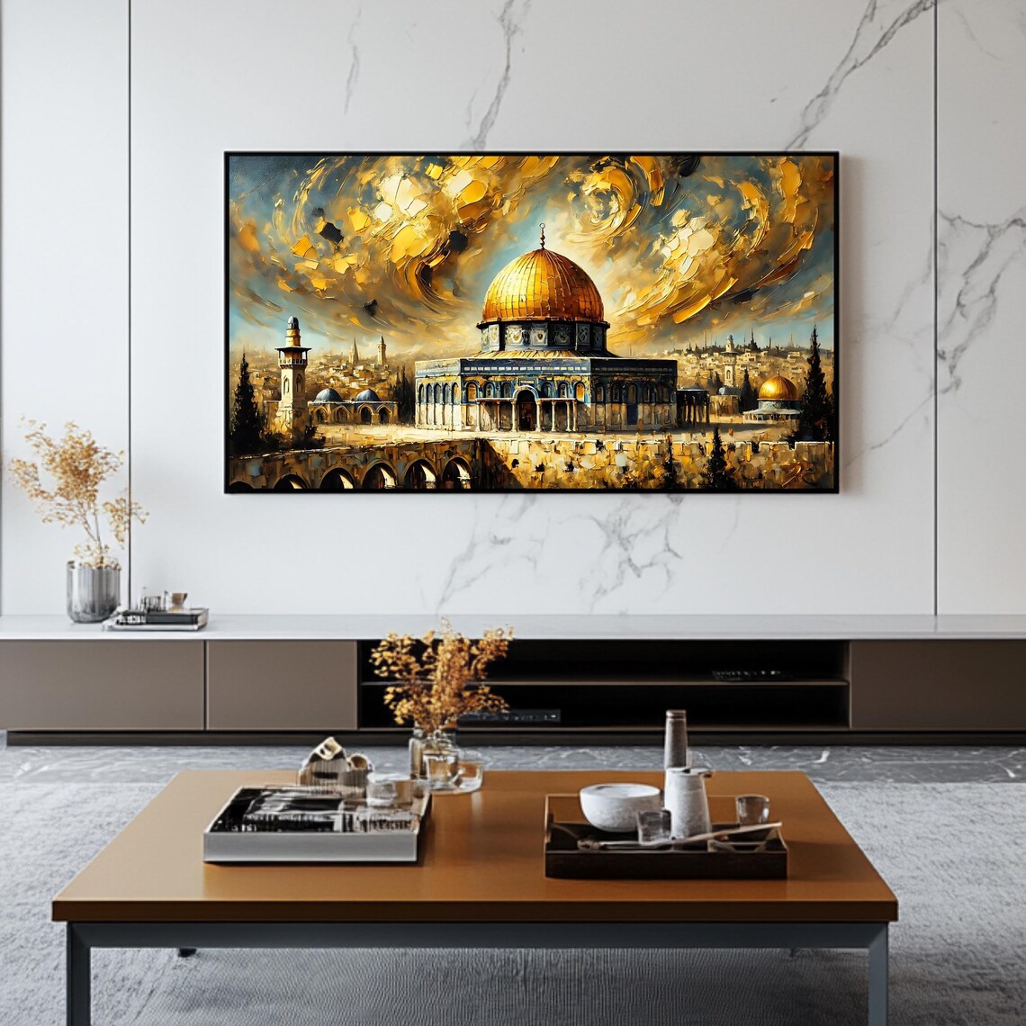 Dome of the Rock Jerusalem Golden Sky Oil Painting Frame TV Art Poster - Image 2