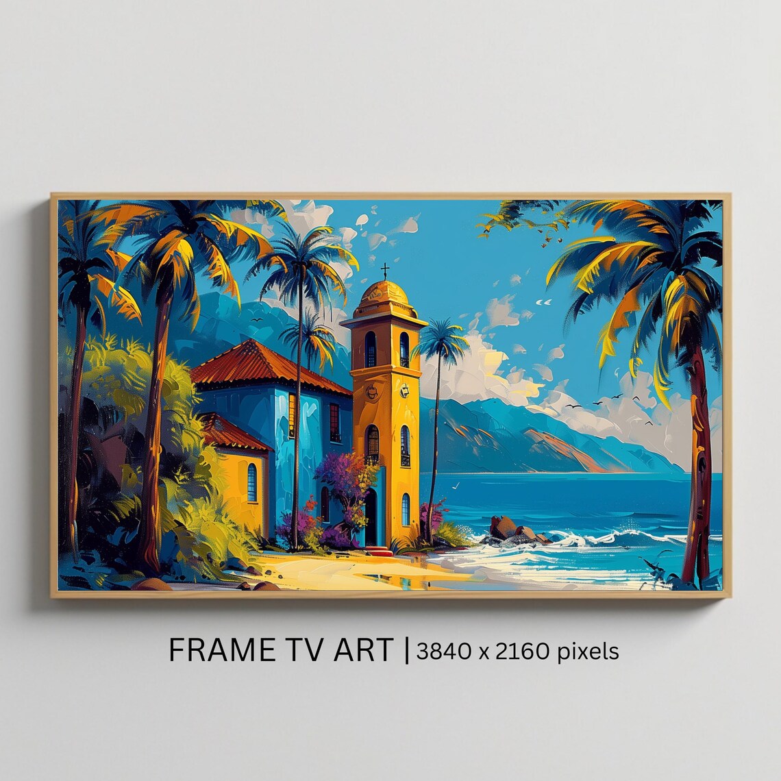 Tropical Church By The Sea Palm Trees Coastal Travel Scene Art Poster