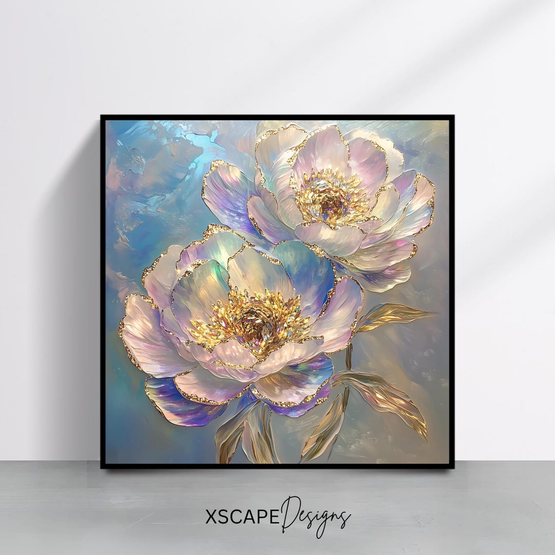 White Purple Peony Blossoms Gold Leaf Painterly Botanical Art Print