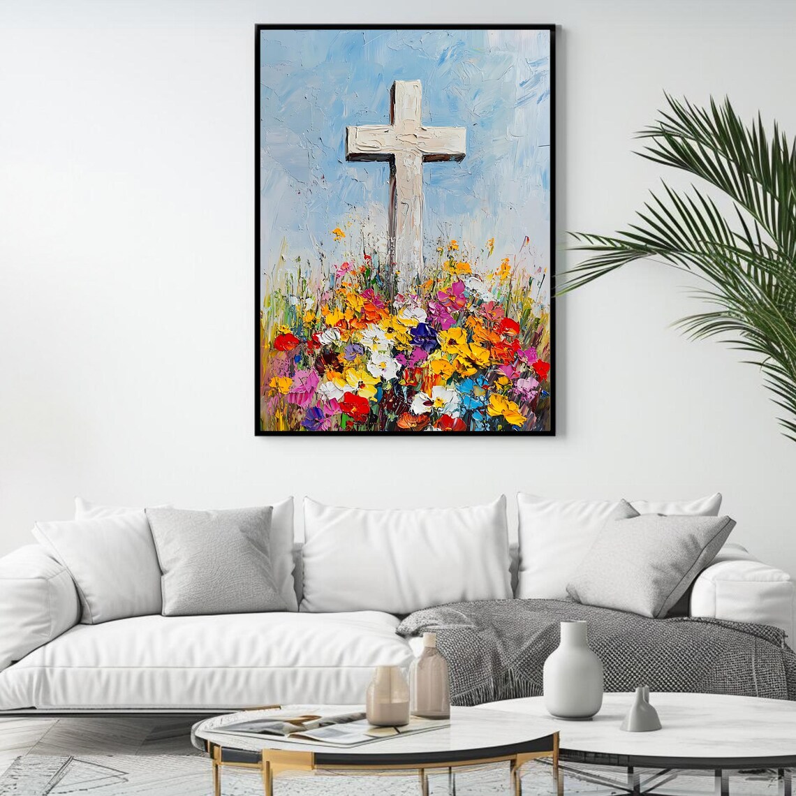 White Cross Wildflower Field Inspirational Christian Oil Painting Art Poster - Image 4