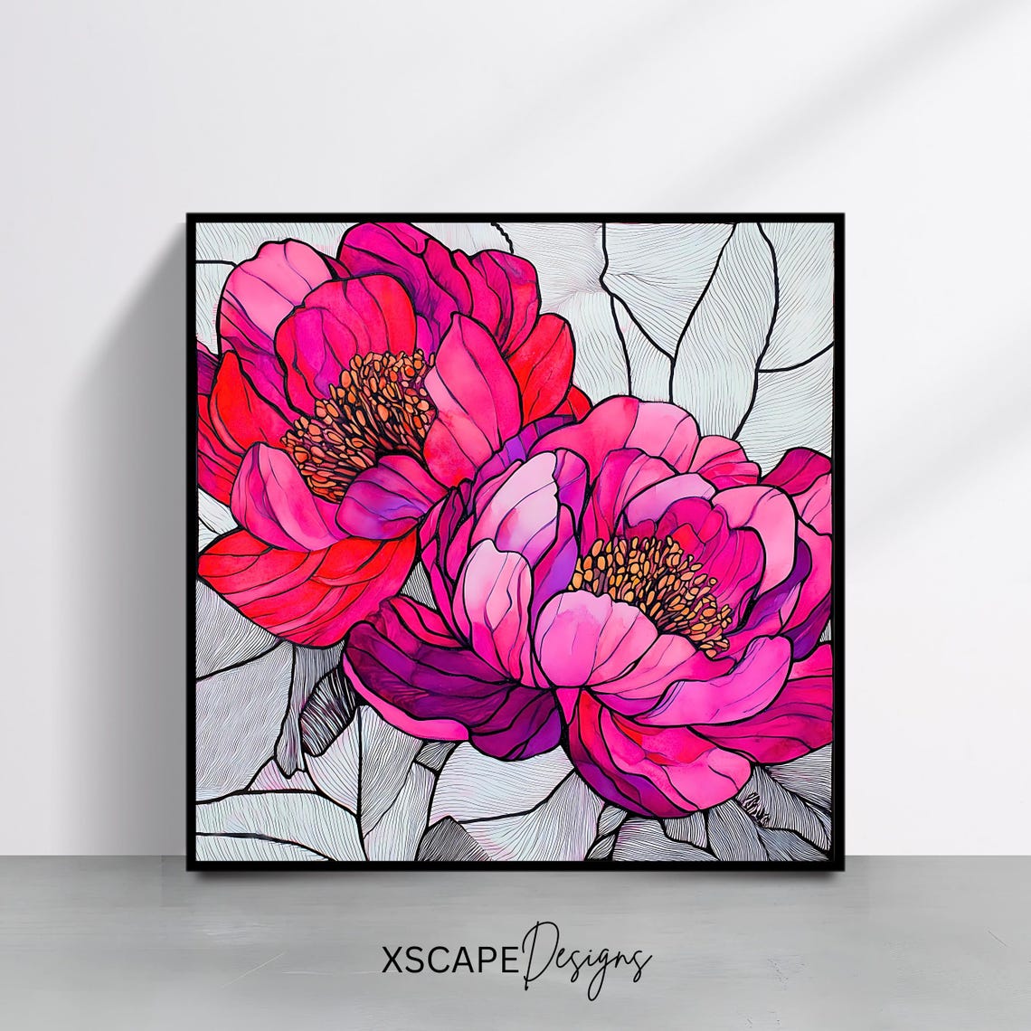 Pink Magenta Peony Blossoms Stained Glass Style Floral Wall Art Poster